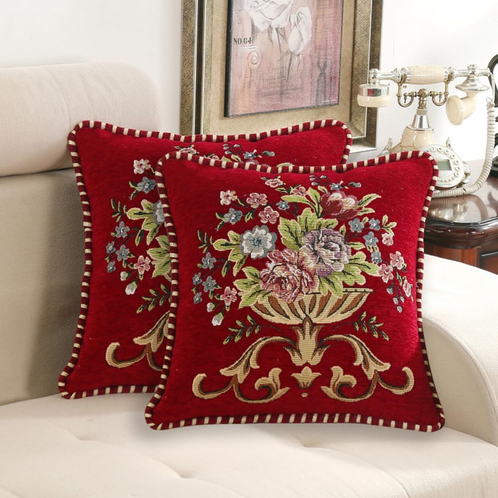 Set of 2 Red Vintage Embroidered Throw Pillows Covers 18x18in Sofa Couch,Red Floral Embroidered Cushion Cover for Sofa Bed Chairs Car
