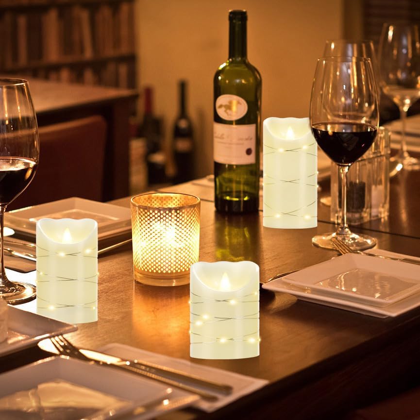 Flameless battery Operated LED candles with 11 Key remote control 24-hour timer Set of 3， With embedded string lights electric flickering pillar Real Wax ，Party, Wedding, Home Decoration(lvory)