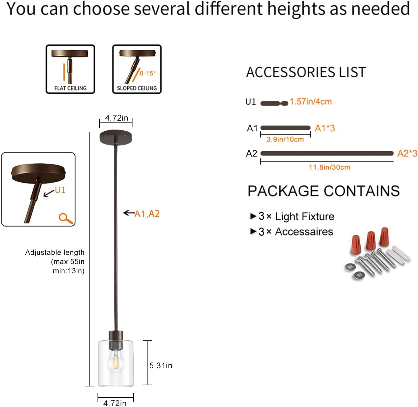 Oil Rubbed Bronze Pendant Lights Kitchen Island - Clear Glass Pendant Light Fixture Multiple Stems Rods 3 Units 12 Inch 3 Units 4 Inch (3 Pack Oil Rubbed Bronze Downrod)