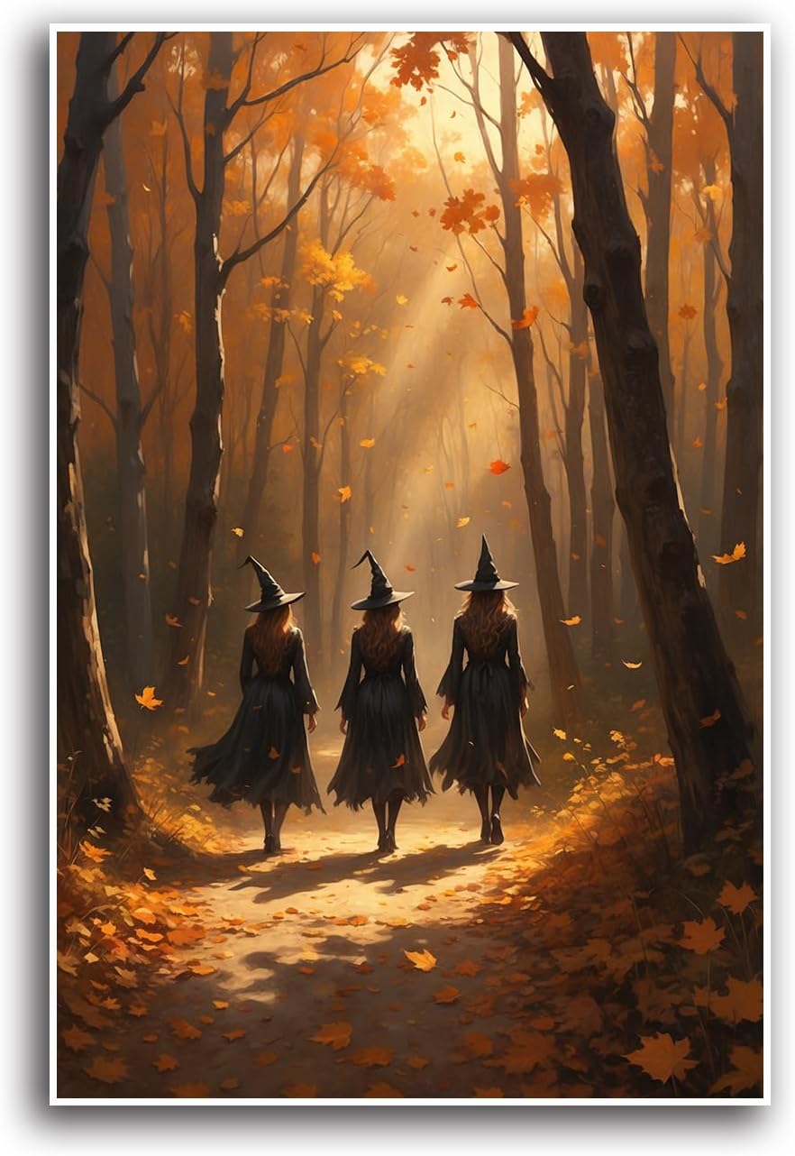 JFHCQJPK Three witches walking in the forest in autumn canvas painting gothic poster halloween print country witch wall art for home decoration32x48in Frameless