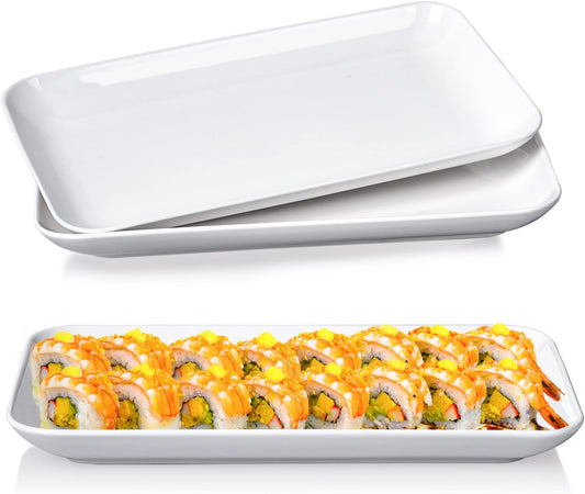 DELLING Large Serving Platter Set 12in White Rectangular Serving Plates/Salad Dish - Big Serving Trays for Parties Meat, Sushi, Dinner Plate Oven Safe Dinnerware Set of 3