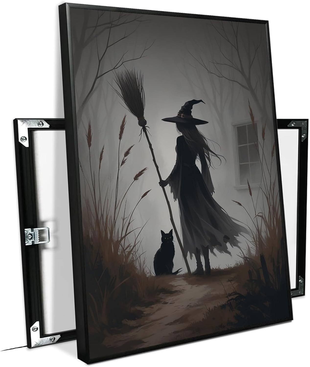 JFHCQJPK Vintage forest witch and black cat poster Halloween mural poster decoration mural art magic suitable for home living room bedroom20x30in Metal blackFramed