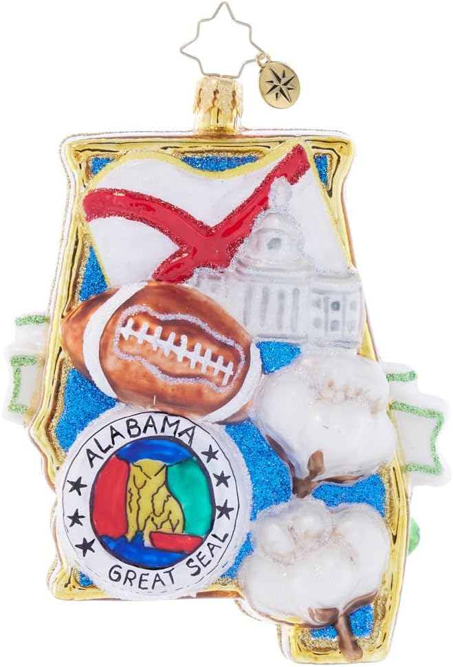 Christopher Radko Hand-Crafted European Glass Christmas Tree Decorative Ornament, Alabama's Great State