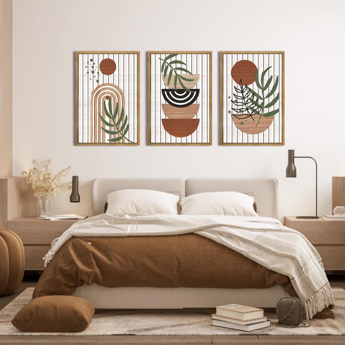 Large Boho Mid Century Wood Wall Art Set Modern Bohemian Wooden Wall Decor Minimalist Leaf Art Decor Abstract Geometric Wall Sculptures for Living Room Bedroom Office-16x24Inchx3