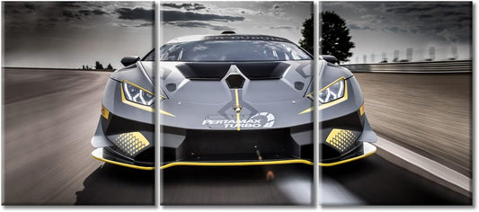 TUMOVO Wall Decor Gray Sports Car on the Road Canvas Wall Art Supercar Modern Artwork for Office Speed Racing Car Picture Print on Canvas 3 Panels Framed Ready to Hang for Living Bedroom, 36" Wx16 H