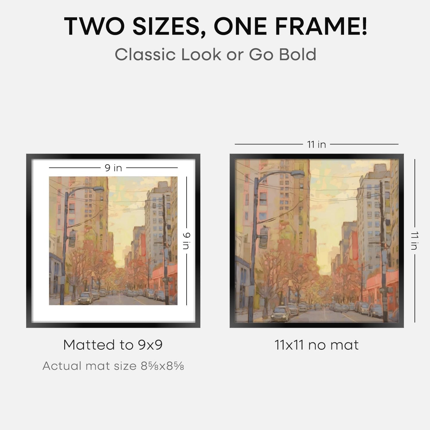 Homeforia 11x11 Picture Frame Black, High End Metal 11 by 11 Square Frames with Mat 9 x 9 Opening, 11by11 Poster Frames Matted to 9x9 inch Photo, Wall Hanging Frame, Tempered Glass, Wall Kit, Set of 1