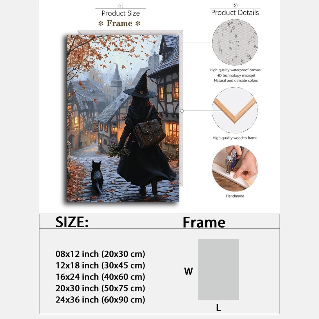 Autumn Witch And Black Cat Picture Wall Decor,Halloween Canvas Vintage Rustic Wall Art,Preppy Bedroom Living Room Bathroom Poster Print,8"x12" Framed