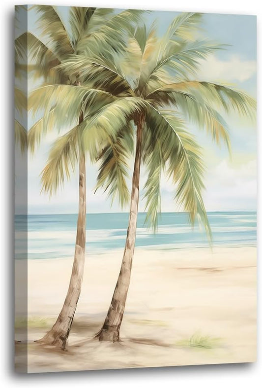 LURENCZH Tropical Beach Canvas Wall Art Seaside Palm Tree Picture Wall Decor Ocean Scenery Painting Prints for Bathroom Decor Framed(Beach-2,16.00" x 24.00")
