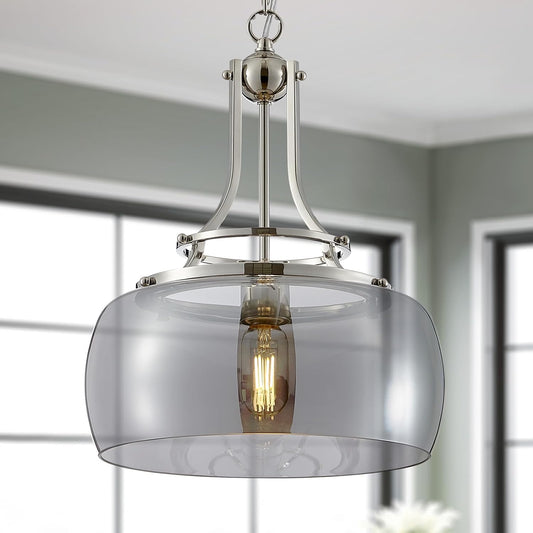WUZUPS Nickel Chandelier Rustic Farmhouse Industrial Round Ceiling Pendant LED Light Fixture with Electroplated Gray Glass Shade for Dining Room Kitchen Island Foyer Entryway, H 17" W 13.4", E26 Base