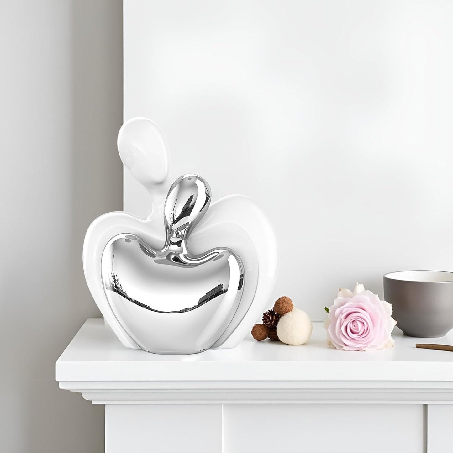 XMGZQ White and Silver Ceramic Couple Figurines Home Decor,Wedding Engagement Romantic Gift for Husband Wife,Large Male and Female Love Statue Valentine's Day Birthday,Abstract Hugging Couple