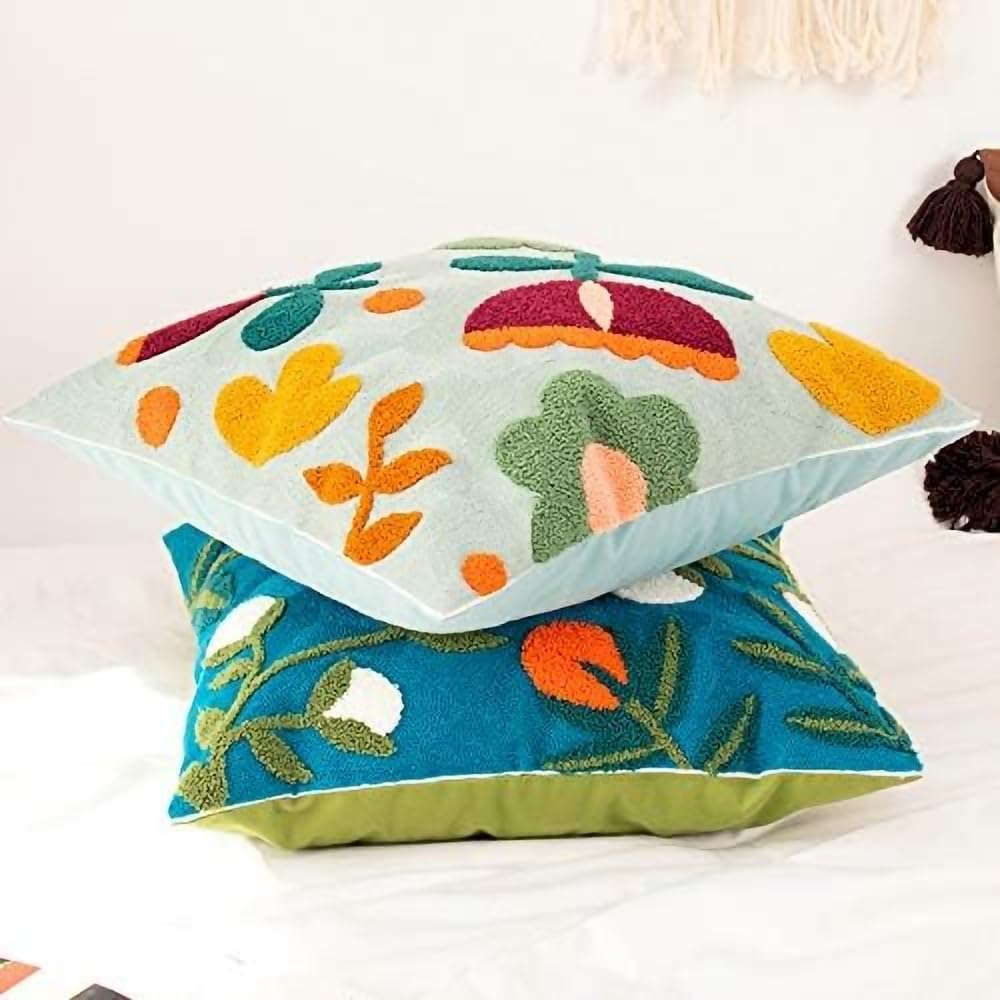 MOCOFO Canvas Embroidered Throw Pillow Cover with Flower Spring Embroidery Craft Modern Simple Sofa Office Pillow Pillow Case (Acorn, 18x18’’)