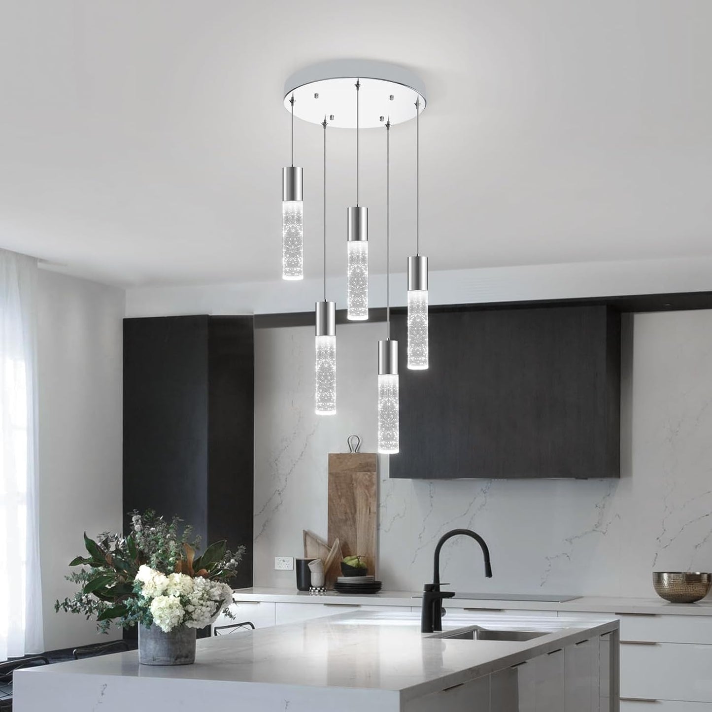 OKELI 5-Light Pendants Light for Kitchen Island Dining Room, 6000K Bubble Crystal Modern LED Kitchen Hanging Lights, 30W Chrome Pendant Lighting Fixture, Round