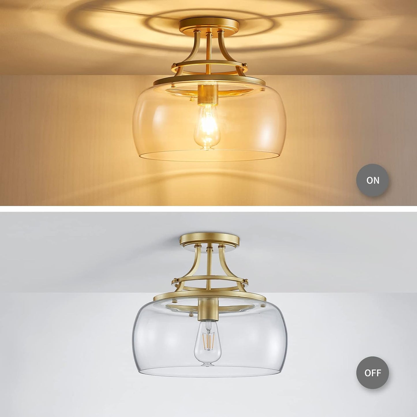 WUZUPS Chandelier Rustic Farmhouse Industrial Round Semi-flushmount Ceiling LED Light Fixture with Clear Glass Shades for Bathroom Kitchen Foyer Entryway, H 11.8" x W 13.4", E26 Base, Gold