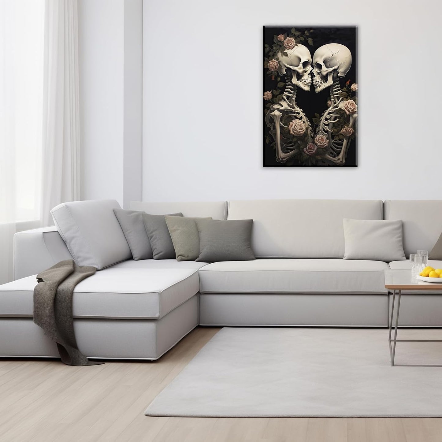 OAAPITI Vintage Skeleton Canvas Wall Art Gothic Painting Artwork Retro Rose Skull Art Poster Abstract Romantic Theme Picture Halloween Living Room Decor(Artwork-4,24"x36")