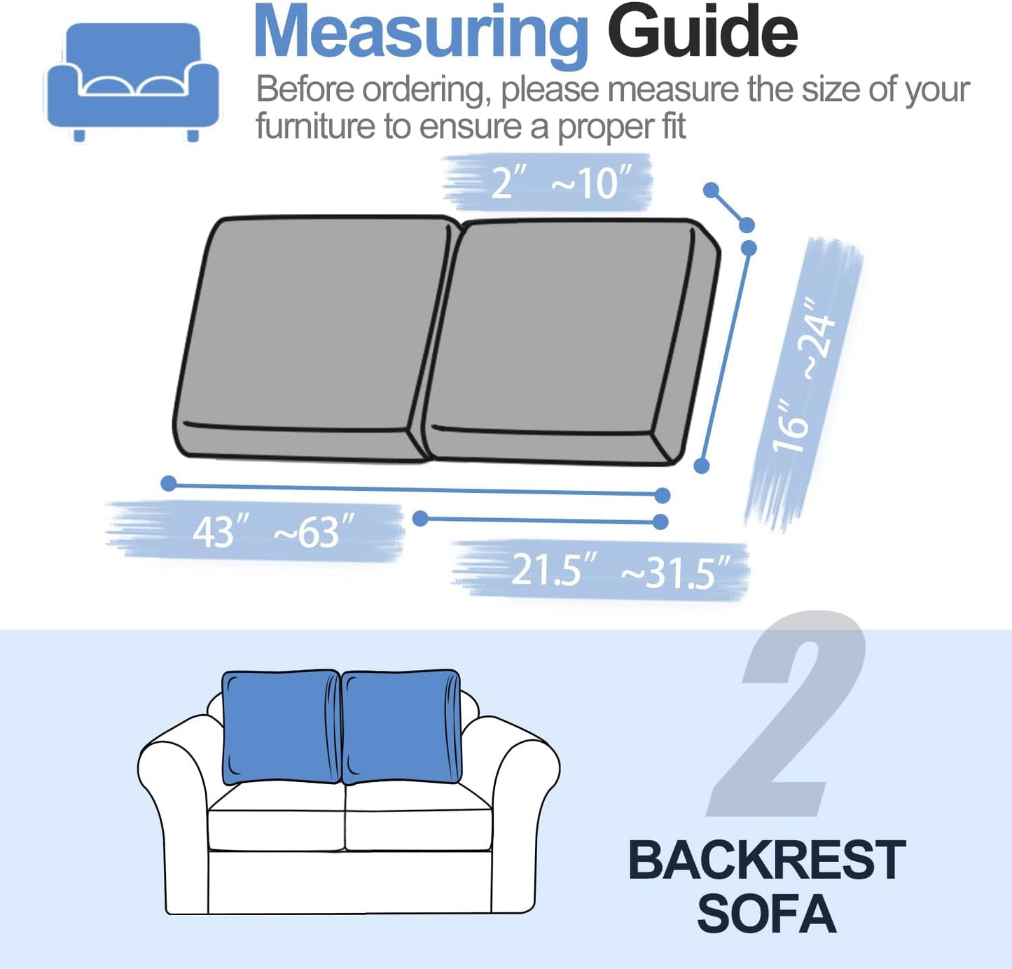 Large Backrest Cushion Covers Super Stretch Backrest Covers for 2 Cushion Couch Sofa, Couch Back Cushion Covers Featuring with Chenille Yarn (Softer Version, 2PC, Dark Grey)