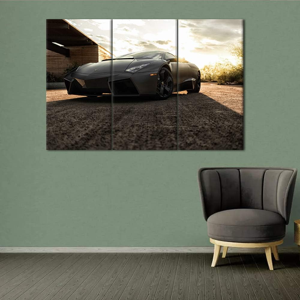 TUMOVO 3 Pieces Black Sport Car in Sunnet Posters Canvas Framed Wall Art Racing Cars Pictures Printed on Canvas Painting Artwork for Living Room Bedroom Interior Decoration - 12 x 24 inch x 3 Panels