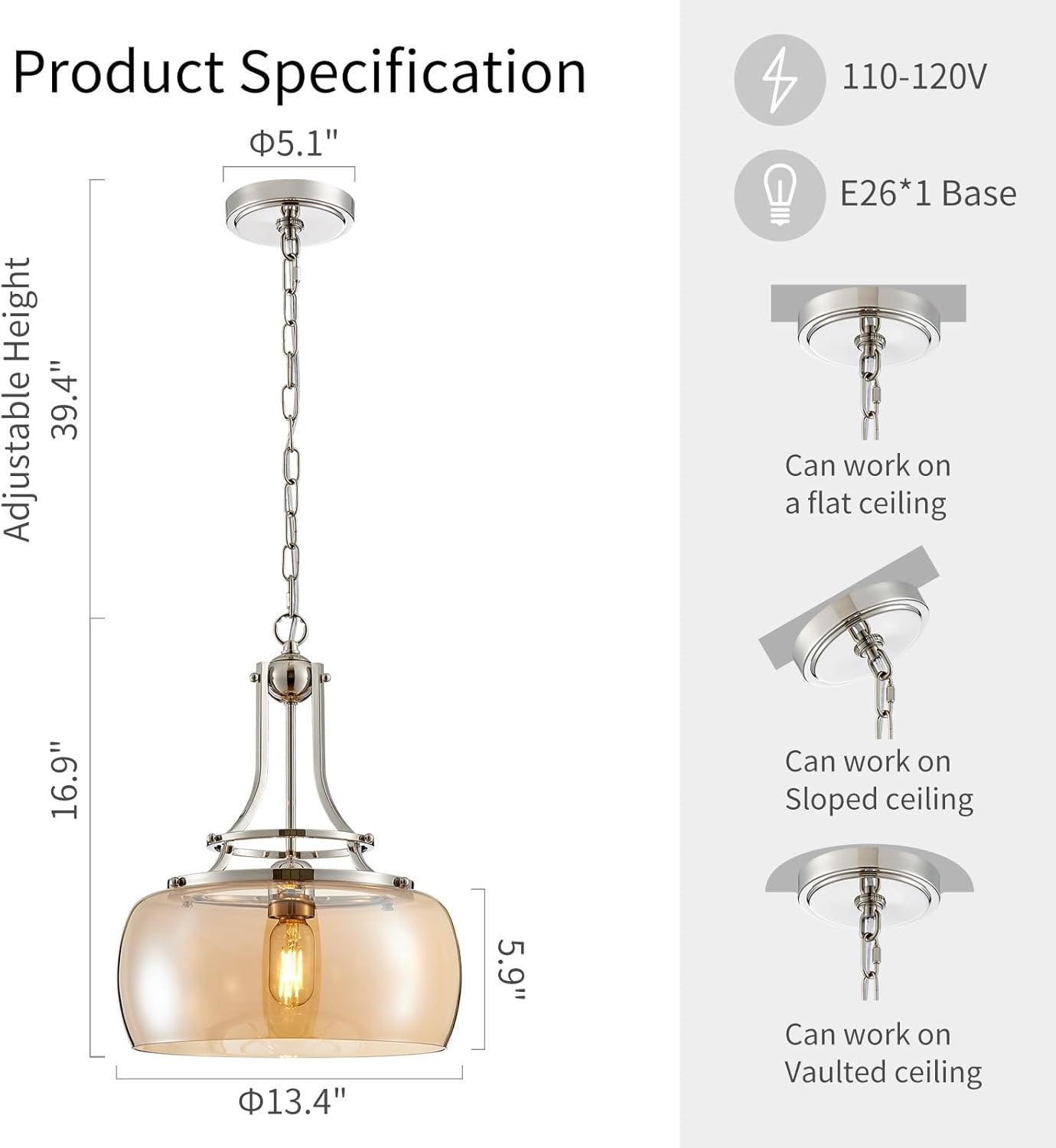 WUZUPS Nickel Chandelier Rustic Farmhouse Industrial Round Ceiling Pendant LED Light Fixture with Amber Glass Shade for Dining Room Kitchen Island Foyer Entryway, H 17" W 13.4", E26 Base