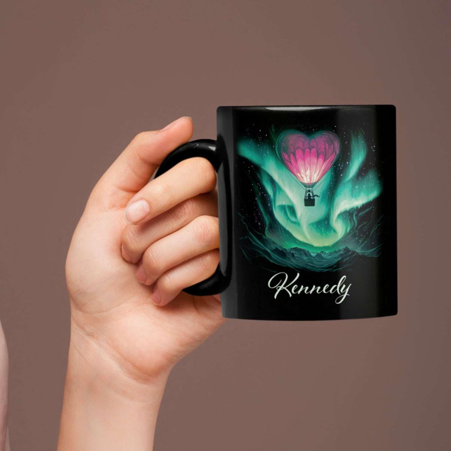 Customized Name Coffee Cup, Custom Hot Air Balloon Mug With Heart-Shaped, Personalized Northern Lights Ceramic Mug, Gift For Couples On Valentine's Day, Love Black Cup 11oz Or 15oz