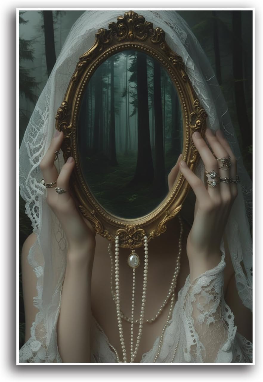 Mirror face covering dark art poster print melancholy gothic painting vintage feminine print victorian style decoration antique art8x12in Frameless