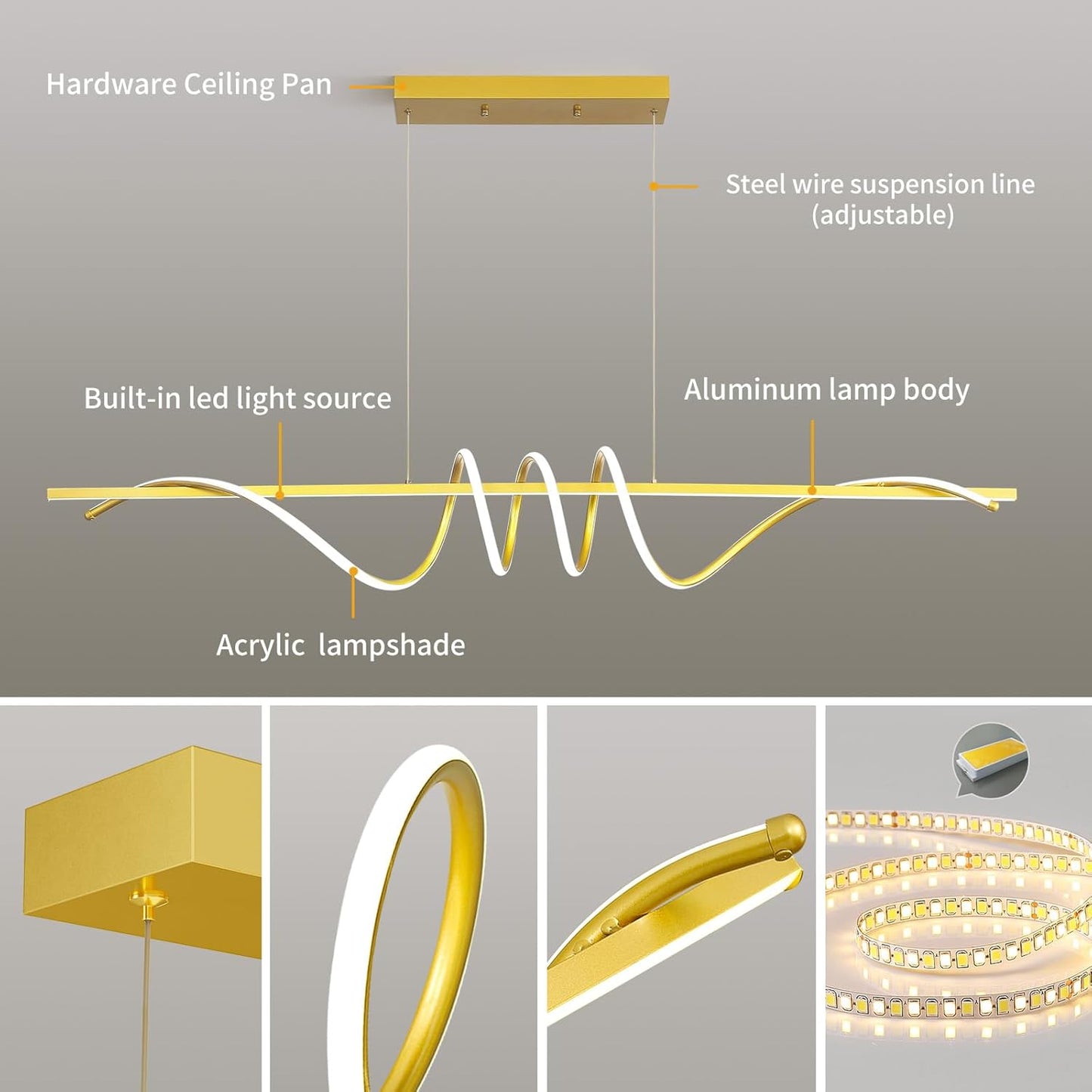 Modern Design Dimmable Desk Linear Pendant Light, with Remote Control Dimmable 3 Color Mode & Brightness Ceiling Lamp, Anti-Flicker Dining Light Fixture for Kitchen, Dining Room (Gold, 57IN)