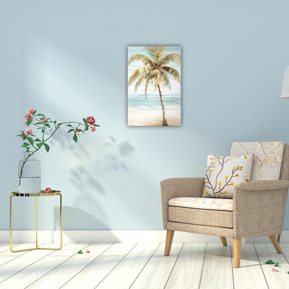 LURENCZH Tropical Beach Canvas Wall Art Seaside Palm Tree Picture Wall Decor Ocean Scenery Painting Prints for Bathroom Decor Framed(Beach-1,12.00" x 18.00")