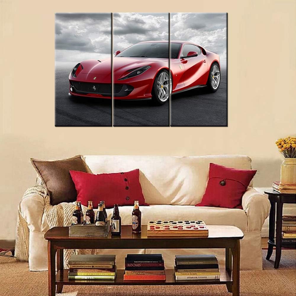 Red Sports Car in Black and White Posters Canvas Framed Wall Art Racing Cars Pictures Printed on Canvas Painting Artwork for Living Room Bedroom Interior Decoration Ready to Hang 28 x 14inch x 3 panel