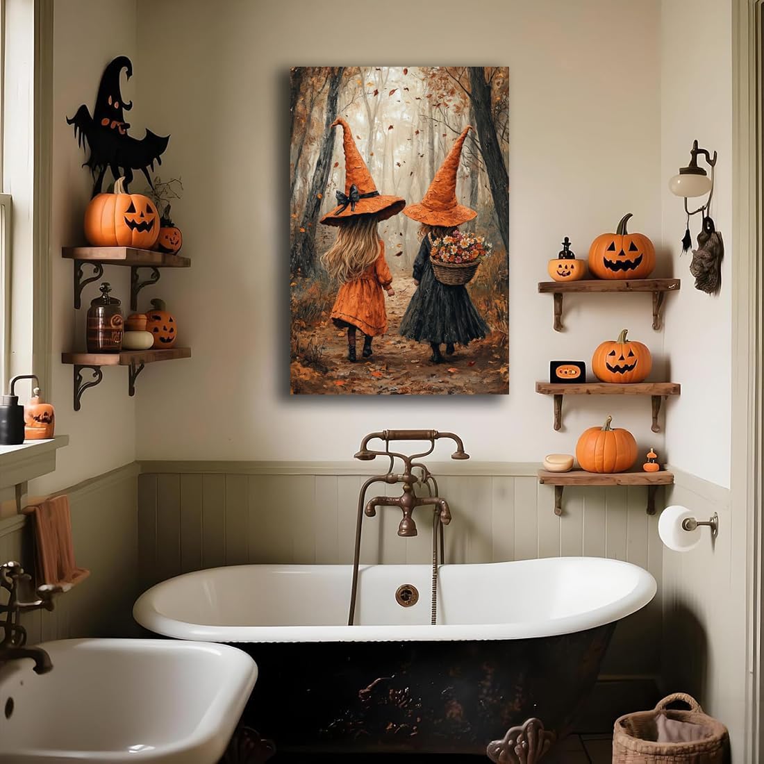 Fall Wall Art Witch Picture Decor,Little Girl Witch Halloween Wall Art, Vintage Autumn Whimsical Woodland Forest Picture, Family Room Nursery Playroom Children Room Decoration,8"x12" Framed