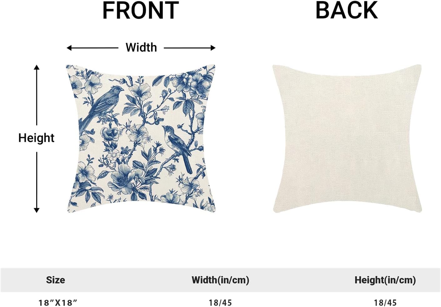 Navy Blue Spring Floral Pillow Covers 18 x 18 Inch Set of 2 for Chinoiserie Vintage Flowers Bird Decor Throw Pillows Plant Farmhouse Outdoor Decorative Cushion Cases for Couch Bed Decorations
