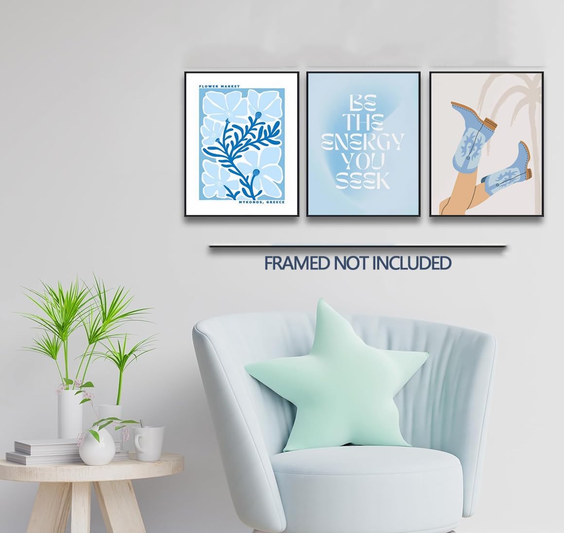 Blue Preppy Canvas Wall Art Posters Set of 3 Trendy Cowgirl Boots Home Decor Flower Market Painting Prints Coastal Aesthetic Picture for Girls Bedroom Bathroom Living Room Dorm 12x16Inch Unframed