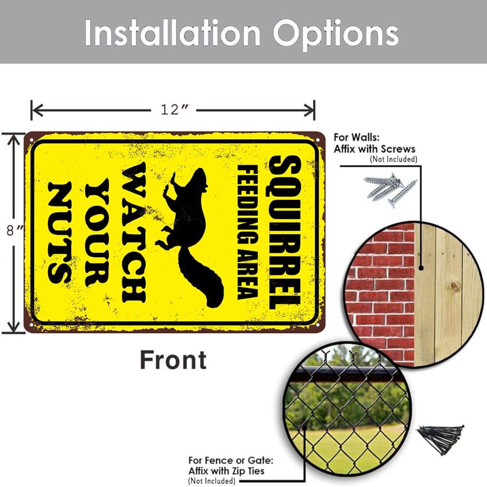 Squirrel Sign Funny Metal Sign Squirrel Feeding Area Watch Your Nuts Signs Vintage Tin Sign For Home Outdoor Garage Wall Decoration 8x12inch