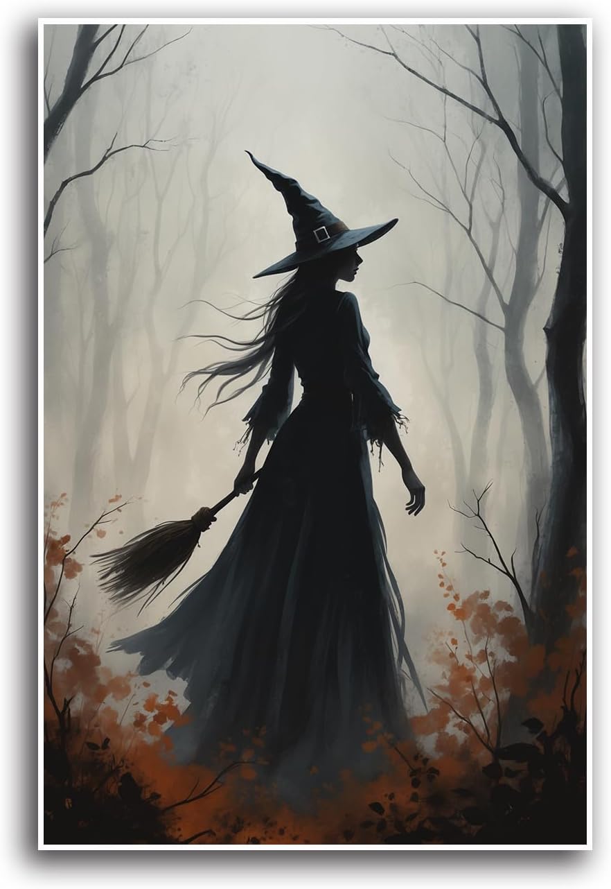 JFHCQJPK Vintage forest witch silhouette poster Halloween mural poster decoration mural art magic suitable for home living room bedroom8x12in Frameless
