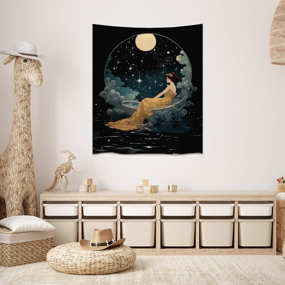 Dark Academia Tapestry Celestial Moonlit Bathing Lady Print Trendy Aesthetic Gothic Wall Hanging Vintage Art Nouveau Tapestries Wall Decor for Bedroom Living Room Dorm 70x90inch