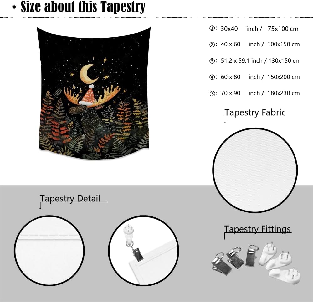 Cute Moose Tapestry Winter Christmas Aesthetic Wall Hanging Decor Funny Animal Lover Gift Whimsical Christmas Tapestries for Nursery Kids Bedroom Home Living Room Decoration 70x90inch