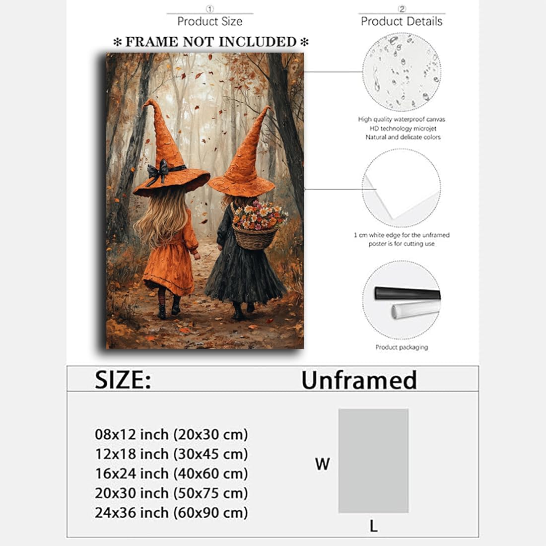 Fall Wall Art Witch Picture Decor,Little Girl Witch Halloween Wall Art, Vintage Autumn Whimsical Woodland Forest Picture, Family Room Nursery Playroom Children Room Decoration,24"x36" Unframed