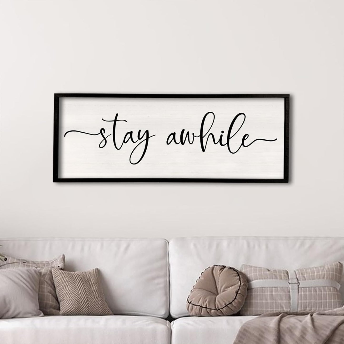 Stay Awhile Sign Wall Decor 32"X12" Large Solid Wood Frame For Hallway Living Room Entryway Farmhouse Wall Art Lets Stay Family Home Rustic Hanging Decoration (Black)