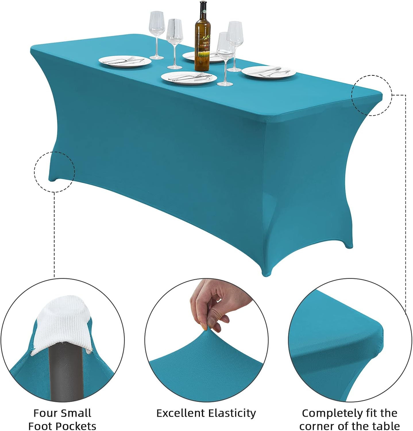 CWK 6FT Waterproof Stretch Spandex Table Cover for Rectangular Tables - Elastic Fitted Tablecloth for Folding Tables,Wrinkle Resistant Table Cloth for Parties, Weddings, Banquets & Events (Teal)