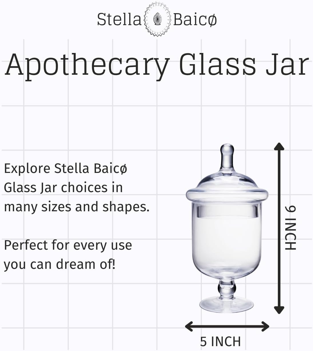 Small Glass Apothecary Jars with Lid, Clear Candy Jar with Lid, Cute Small Decorative Glass Jars for Wedding, Display and Home Decor, Glass Canisters (Height: 9", Diameter: 5")