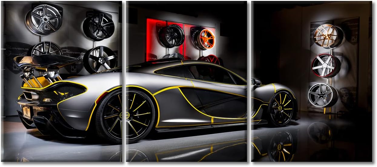 TUMOVO Gray Sports Car Canvas Wall Art Yellow Stroke Supercar Posters & Prints Artwork Contemporary Home Decor Stretched Canvas Picture for Living Room Boys Bedroom Home Office Decor, 36" Wx16 H