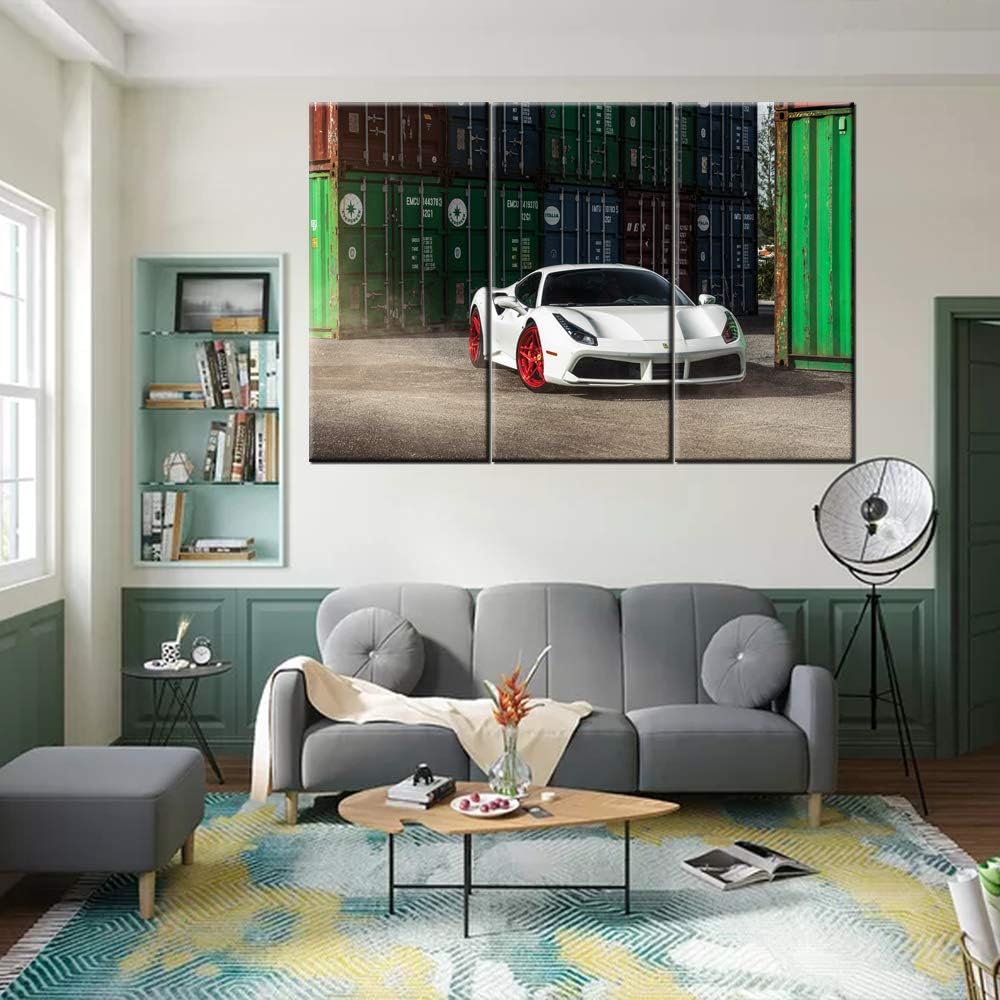 TUMOVO 3 Pieces Wall Art 488 White Sports Car in Warehouse Painting The Picture Print On Canvas Racing Car Pictures for Home Decor Decoration Gift Piece 40 x 20inch x 3 Panels
