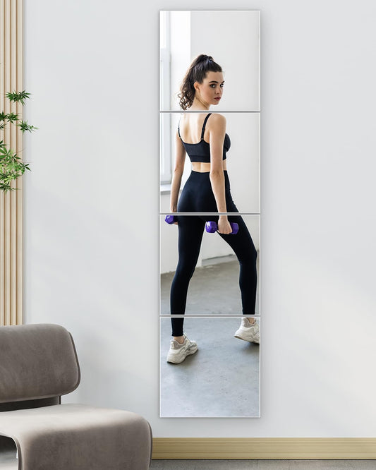 Full Length Wall Mirror Tiles, 12'' x 12'' x 4PCS, Acrylic Unbreakable Full Body Mirror for Bedroom Squares Shatterproof Mirror Sheets Wall Mounted for Home Gym Door Plexiglass Mirrors Safe for Kids