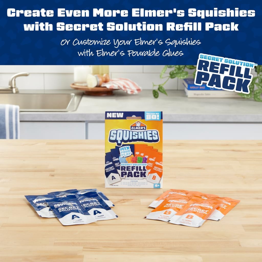 Elmer's Squishies Kids’ DIY Activity Kit, Creates 4 Mystery Characters, 24 Piece Kit, for Ages 6 and Up, Perfect for Stress Relief and Sensory Play