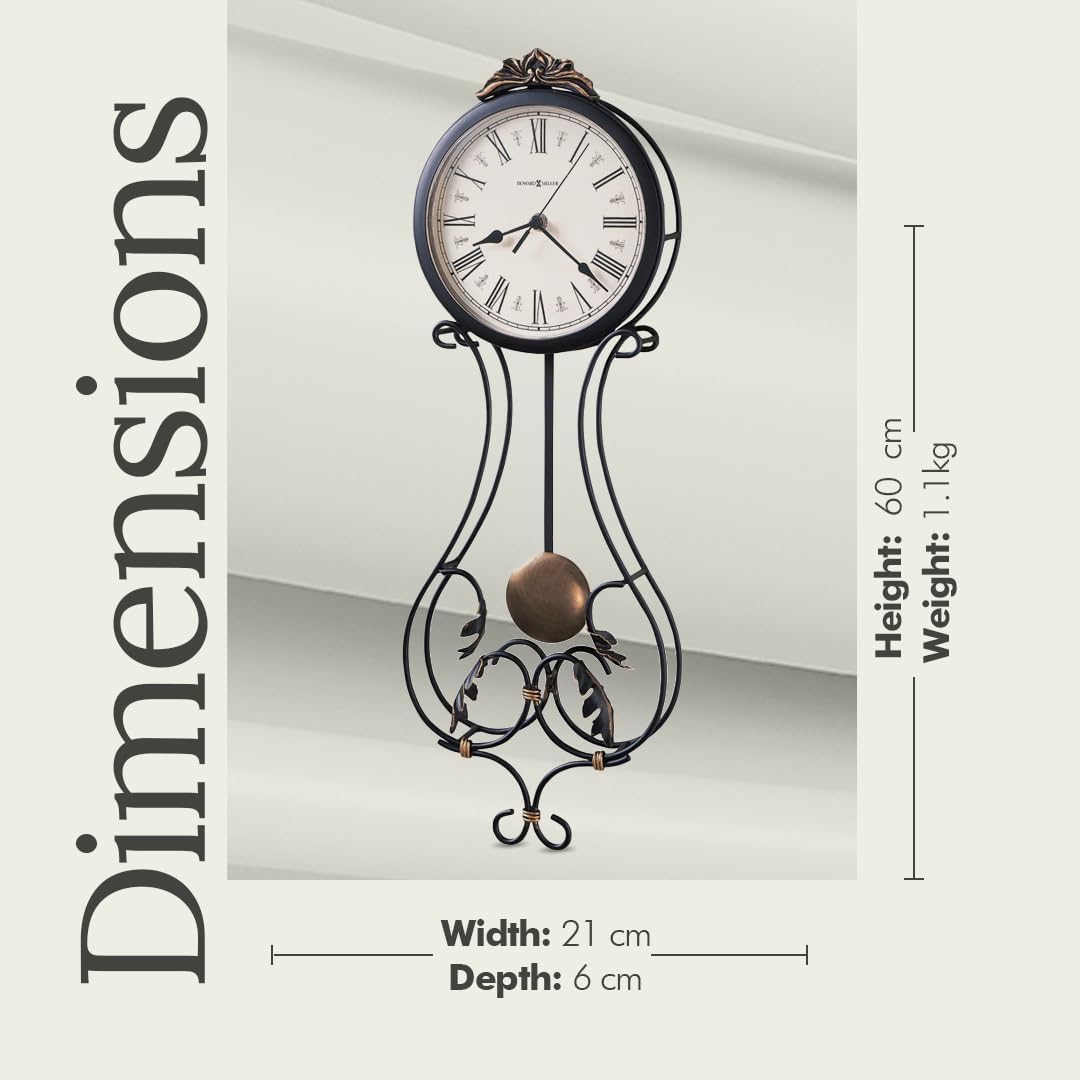 Howard Miller Paulina Wall Clock, Gray Finishes with Golden Pendulum & Quartz Movement, Classic Round White Dial with Roman Numeral Perfect for Home Decor, Living Room & Office Wall Mount