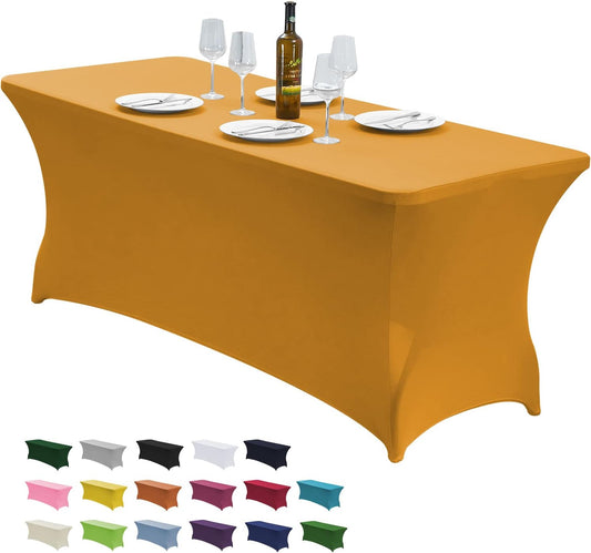 CWK 6FT Waterproof Stretch Spandex Table Cover for Rectangular Tables - Elastic Fitted Tablecloth for Folding Tables,Wrinkle Resistant Table Cloth for Parties, Weddings, Banquets & Events (Gold)
