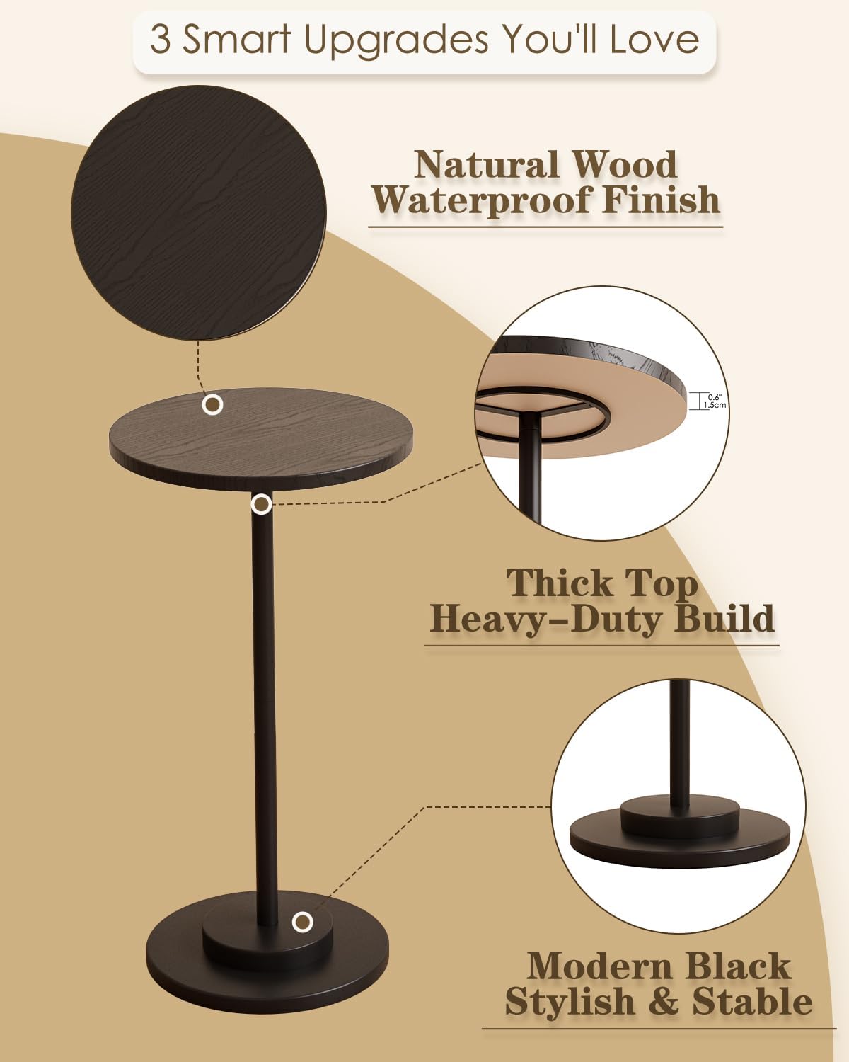 Masupu Drink Table, Round Side Table for Small Spaces, Pedestal Side Table, Small End Table with Metal Base, for Living Room, Bedroom, Bathroom, Black