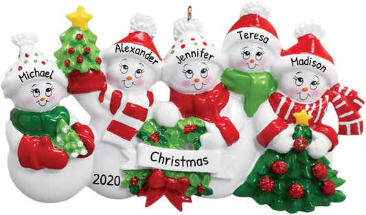 3D Snowman Family of 5 Ornament 2025 Personalized Family Christmas Ornaments 2025 | Snow People Mittens Personalized Tree Ornaments for Grandchildren, Siblings & Grandkids of Five Ornament Snowmen