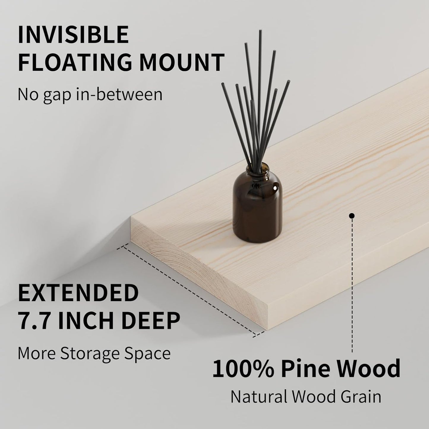 SAUMONIERES Floating Shelves 8 Inch Deep Solid Wood Wide Wall Shelf Set of 1 Wall Mounted for Bedroom Bathroom Living Room Kitchen, 55 Inch Natural