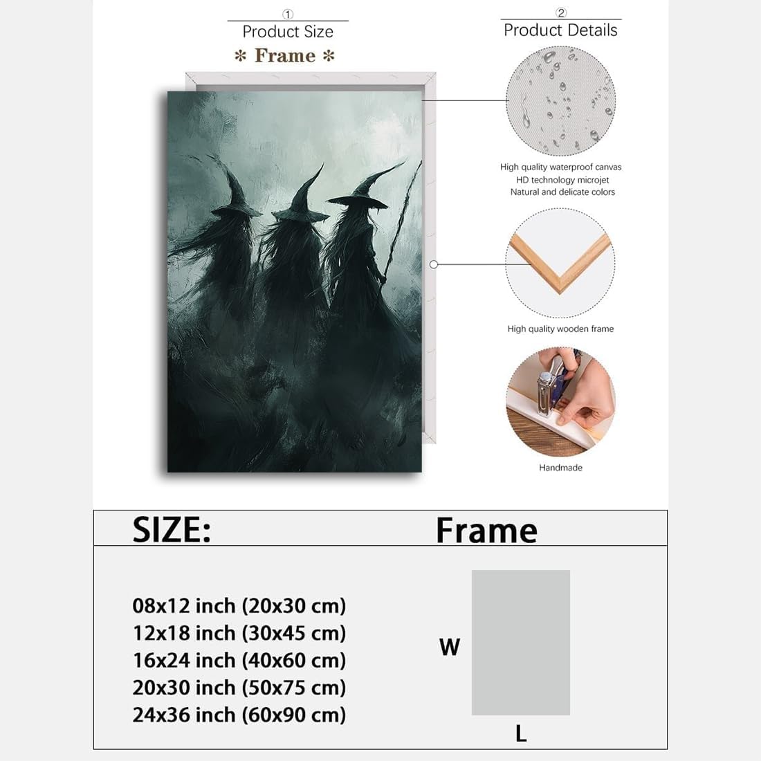 Gothic Witchs Horror Halloween Wall Art,Three Witches in Moody Forest Painting Wall Decor,Autumn Spooky Witches Forest Canvas Printing For Gallery Living Room Bedroom,24"x36" Framed