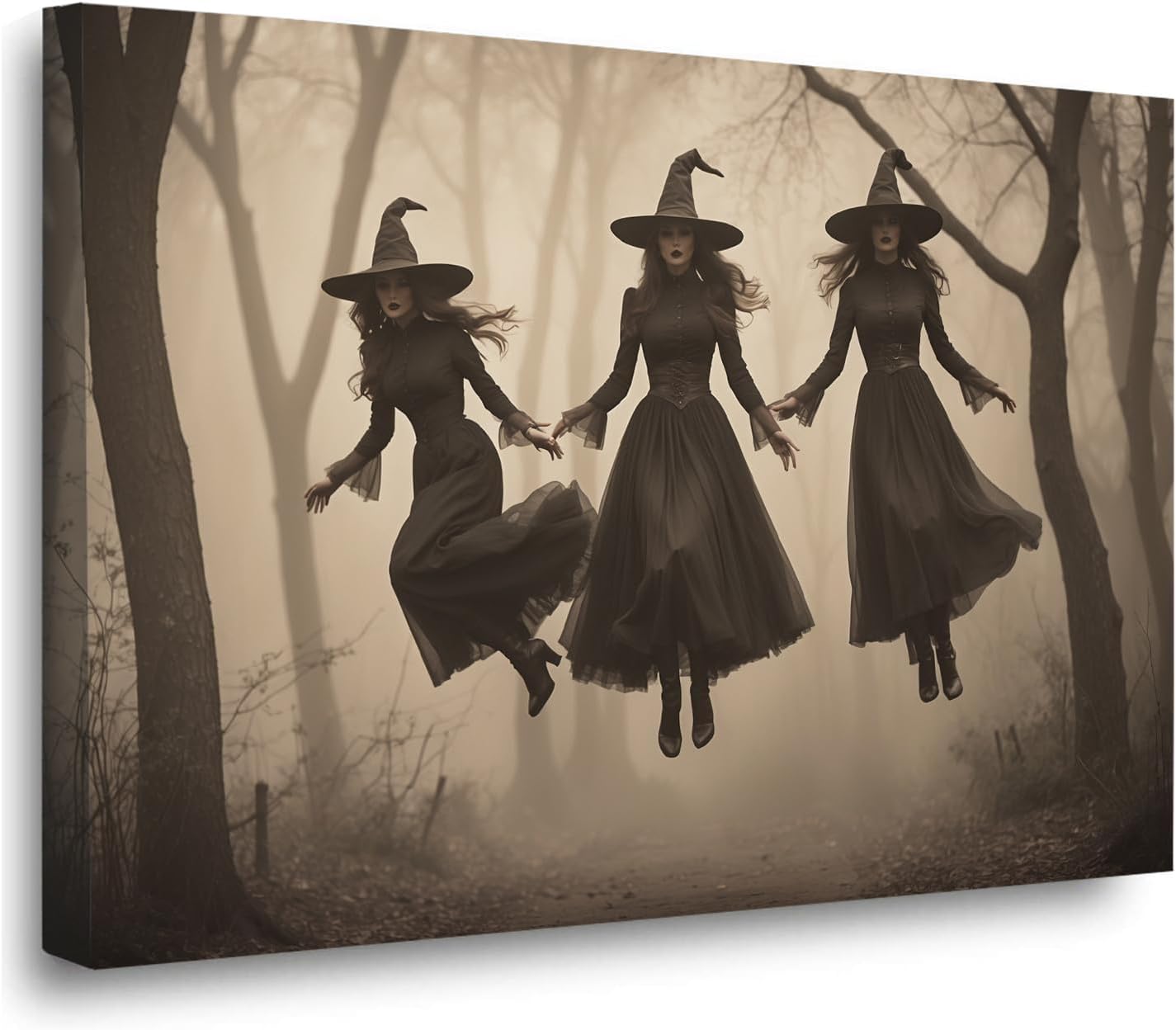 Three ghost witches flying in vintage forest gothic wall art witchcraft decoration holiday gift canvas wall art print8x12in Wood Framed
