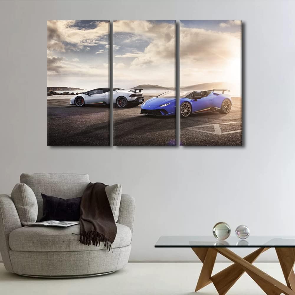 TUMOVO White and Blue Sports Car Modern Wall Art Super Car Abstract Picture Seaside Sunset Contemporary Artwork Print On Canvas Bedroom Wall Art Picture for Living Room Framed Ready to Hang 60"Wx40"H
