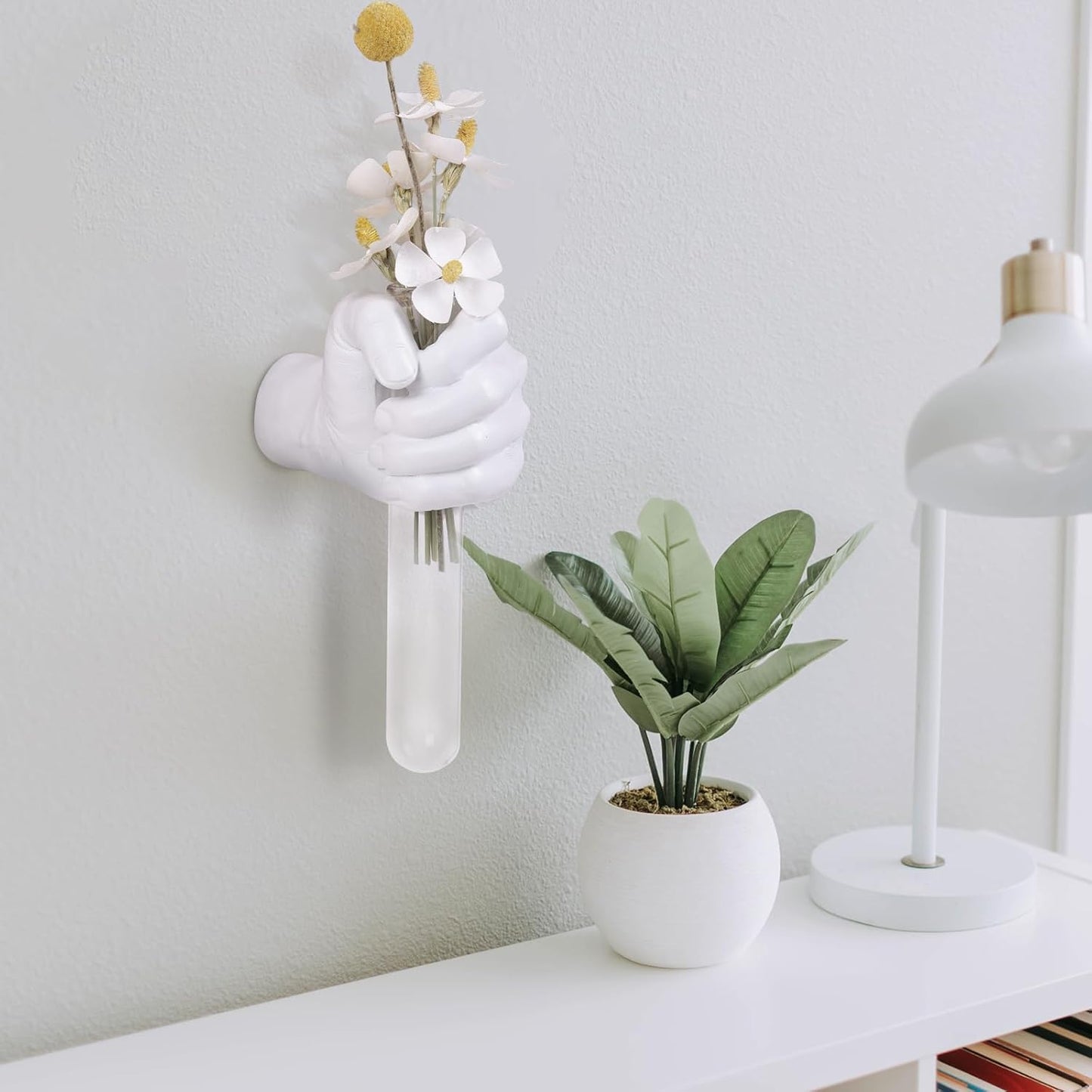 Creative Wall Hanging Sculpture, Funky White Hand Vases Home Decor, Artistic Hanging Hand Sculptures with Test Tube Vases, Unique Wall Art Statue